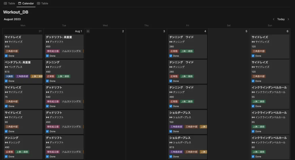 筋トレトレーニング・データベース | カレンダービュー